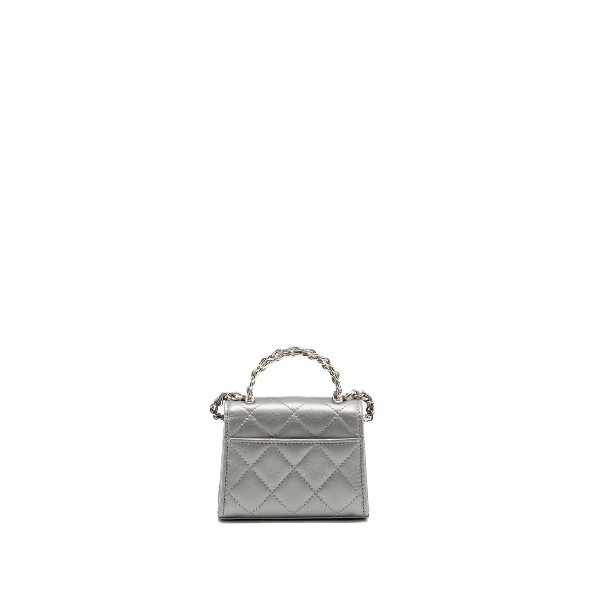 CHANEL TOP HANDLE MINI FLAP BAG WITH CHAIN LAMBSKIN SILVER SHW (MICROCHIP)
