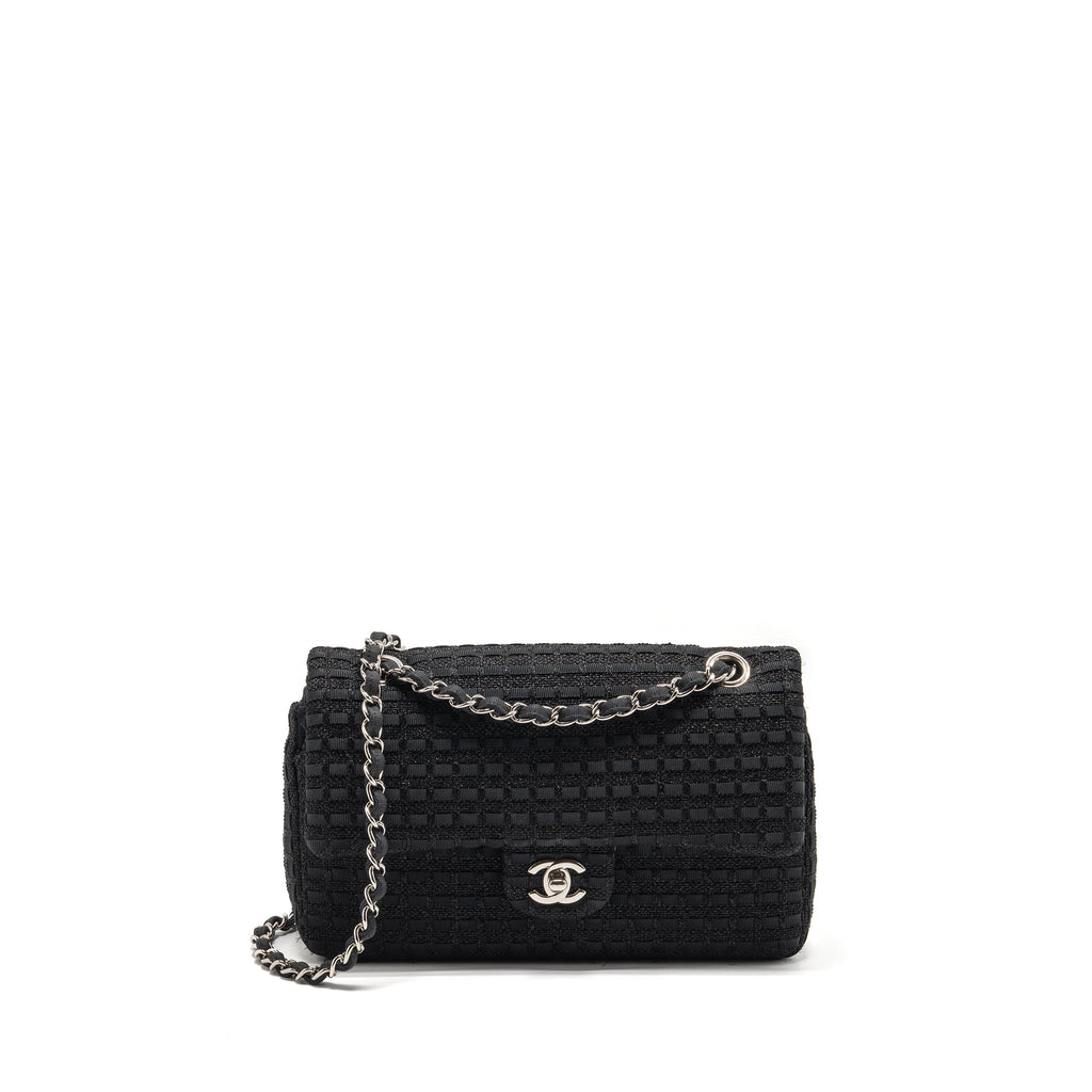 CHANEL MEDIUM CLASSIC DOUBLE FLAP BAG TWEED BLACK SHW