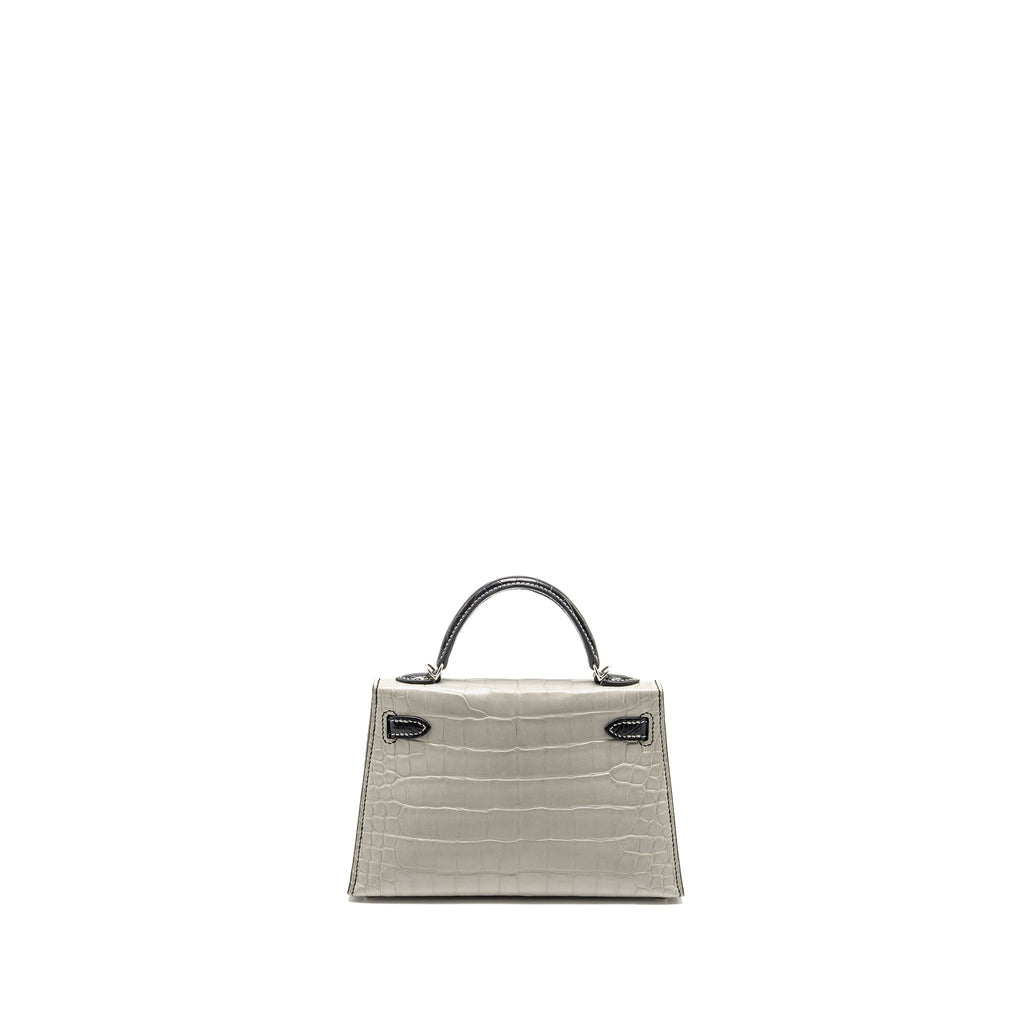 Hermes Mini Kelly II Alligator Mississippiensis Matt Gris Perle / black SHW