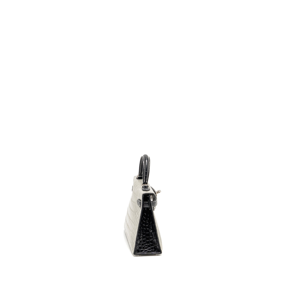 Hermes Mini Kelly II Alligator Mississippiensis Matt Gris Perle / black SHW