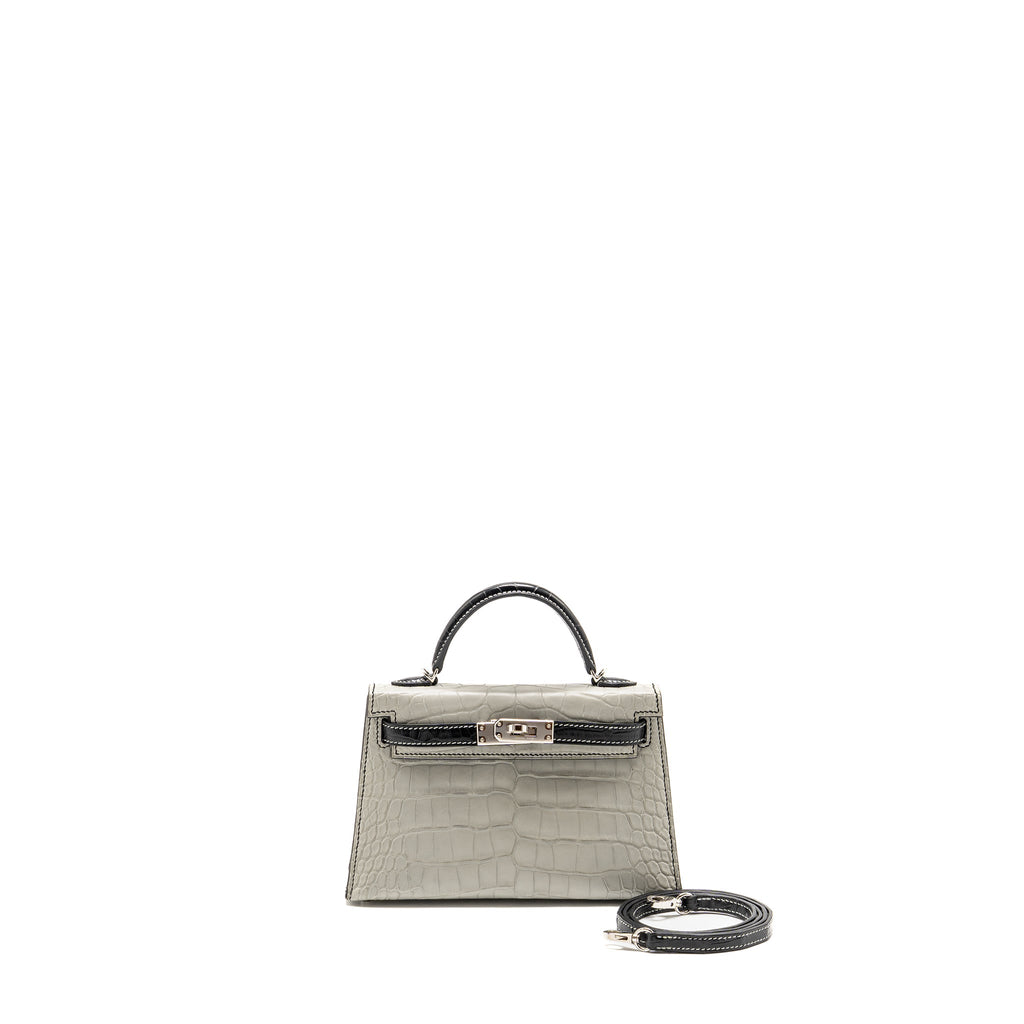 Hermes Mini Kelly II Alligator Mississippiensis Matt Gris Perle / black SHW