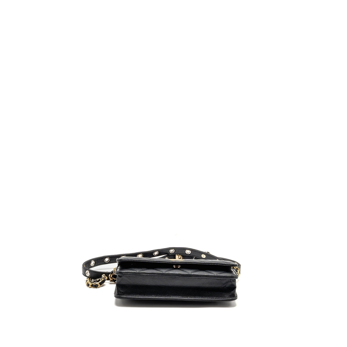 CHANEL DETAILED STRAP WALLET ON CHAIN LAMBSKIN BLACK WITH MULTICOLOUR HARDWARE (MICROCHIP)