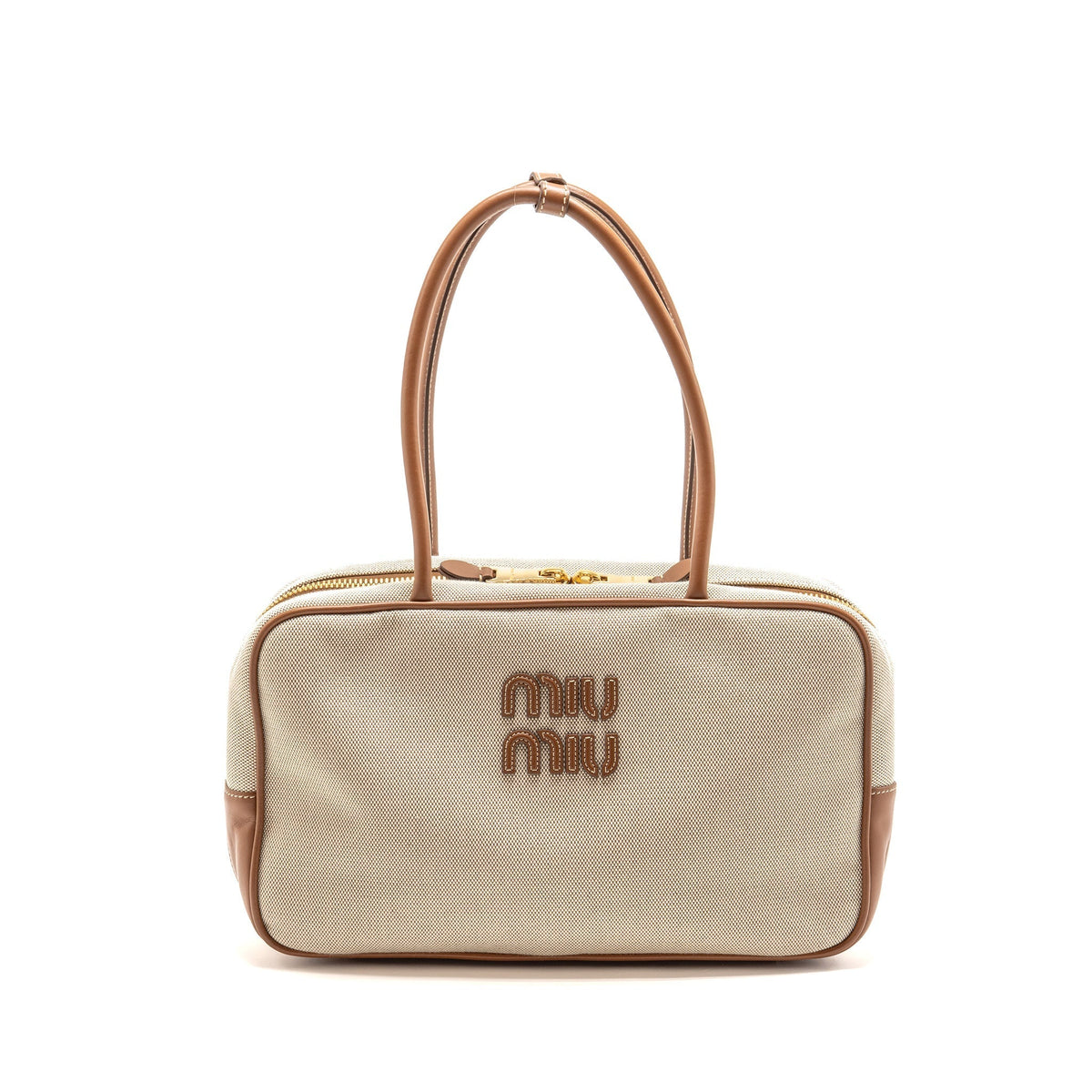 MIU MIU BEAU BAG CANVAS/LEATHER BEIGE/BRANDY GHW