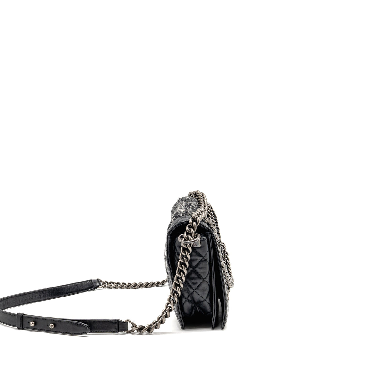 CHANEL MULTI CHAIN BOY BAG CALFSKIN/TWEED BLACK SHW