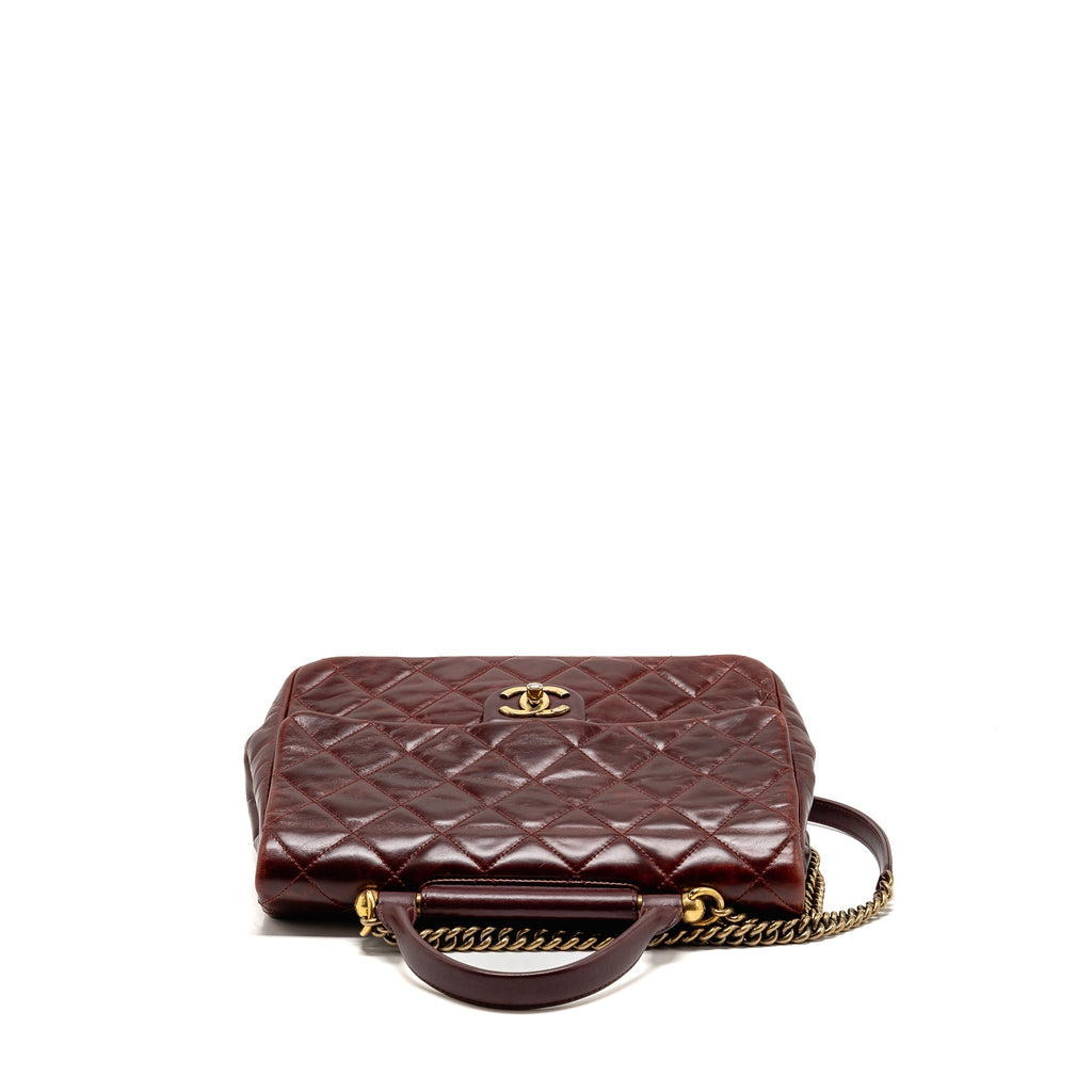 Chanel 16A Gold Bar Top Handle Flap Bag Glazed Calfskin Burgundy GHW