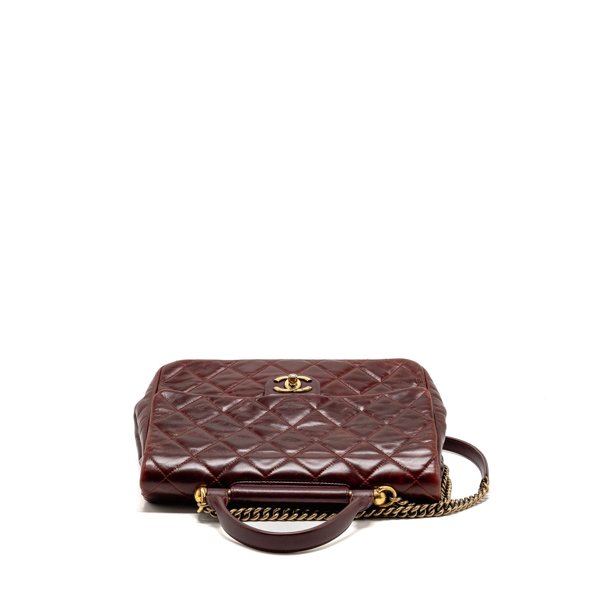 Chanel 16A Gold Bar Top Handle Flap Bag Glazed Calfskin Burgundy GHW