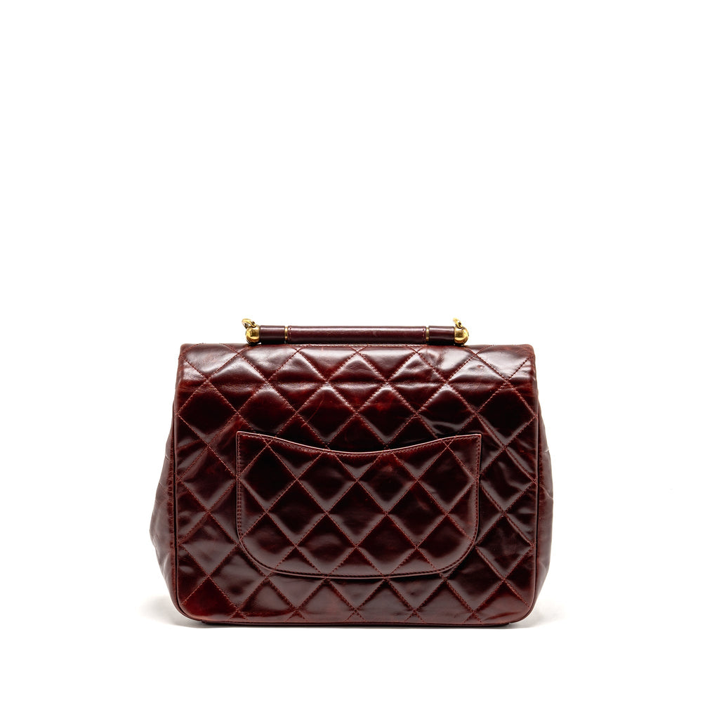 Chanel 16A Gold Bar Top Handle Flap Bag Glazed Calfskin Burgundy GHW