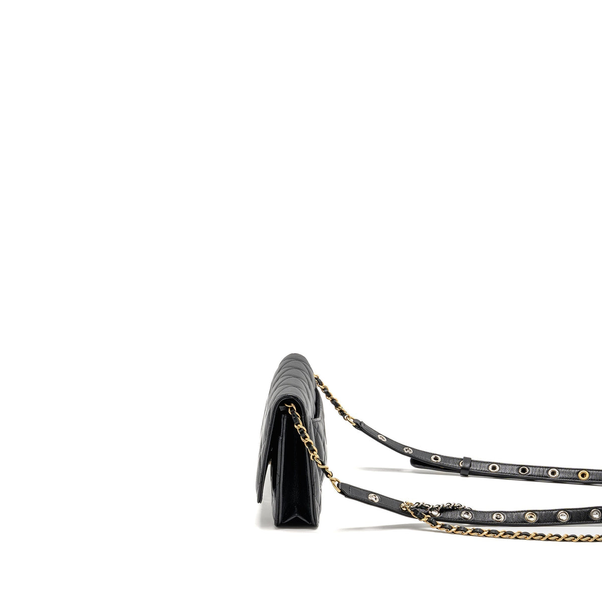 CHANEL DETAILED STRAP WALLET ON CHAIN LAMBSKIN BLACK WITH MULTICOLOUR HARDWARE (MICROCHIP)