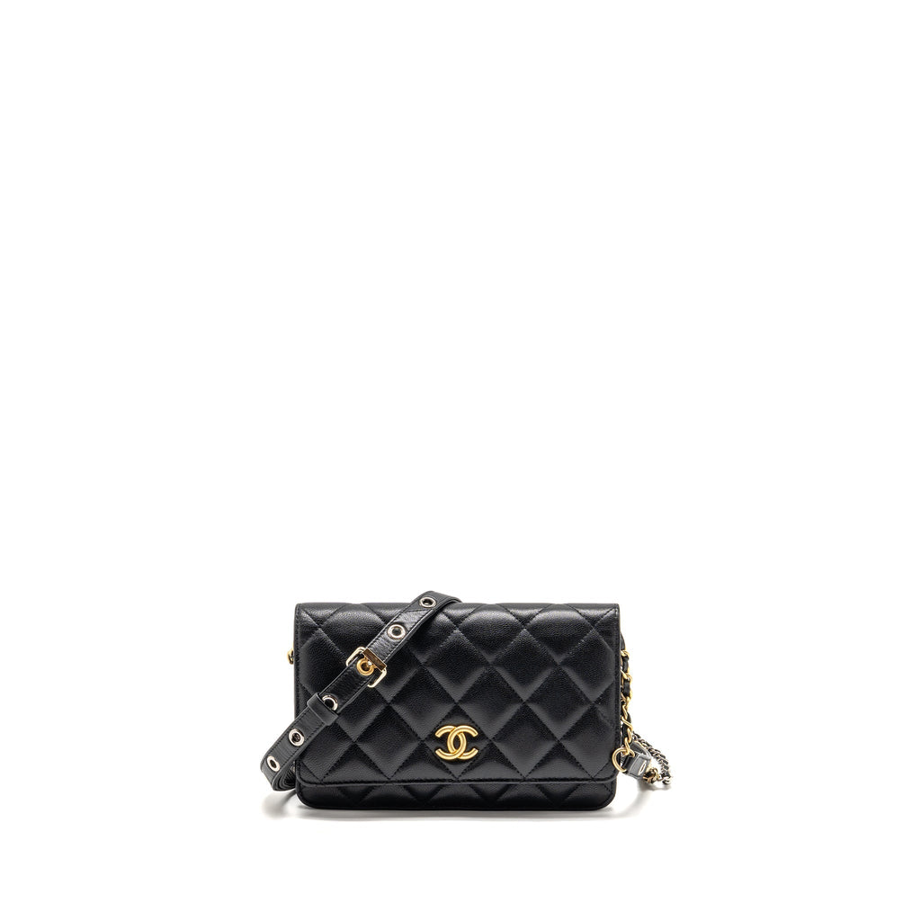 CHANEL DETAILED STRAP WALLET ON CHAIN LAMBSKIN BLACK WITH MULTICOLOUR HARDWARE (MICROCHIP)