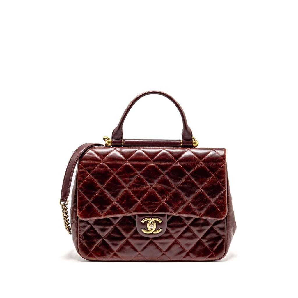Chanel 16A Gold Bar Top Handle Flap Bag Glazed Calfskin Burgundy GHW