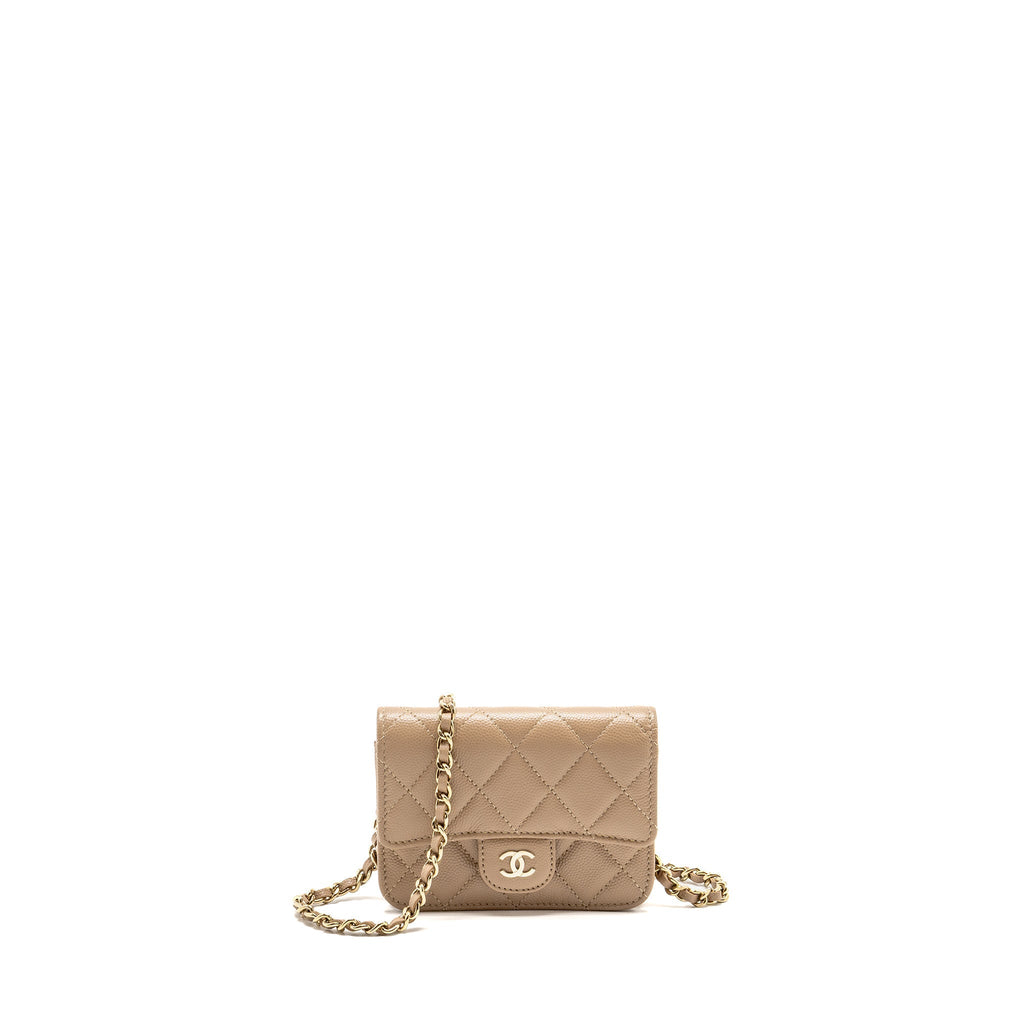 CHANEL MINI FLAP CLUTCH WITH CHAIN CAVIAR DARK BEIGE LGHW (MICROCHIP)