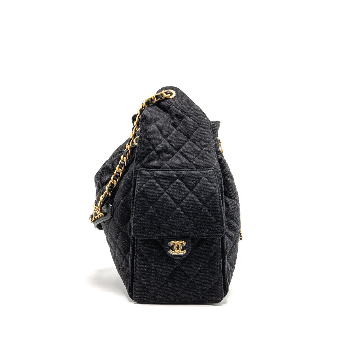 CHANEL 25 MEDIUM HANDBAG WASHED DENIM BLACK GHW (MICROCHIP)
