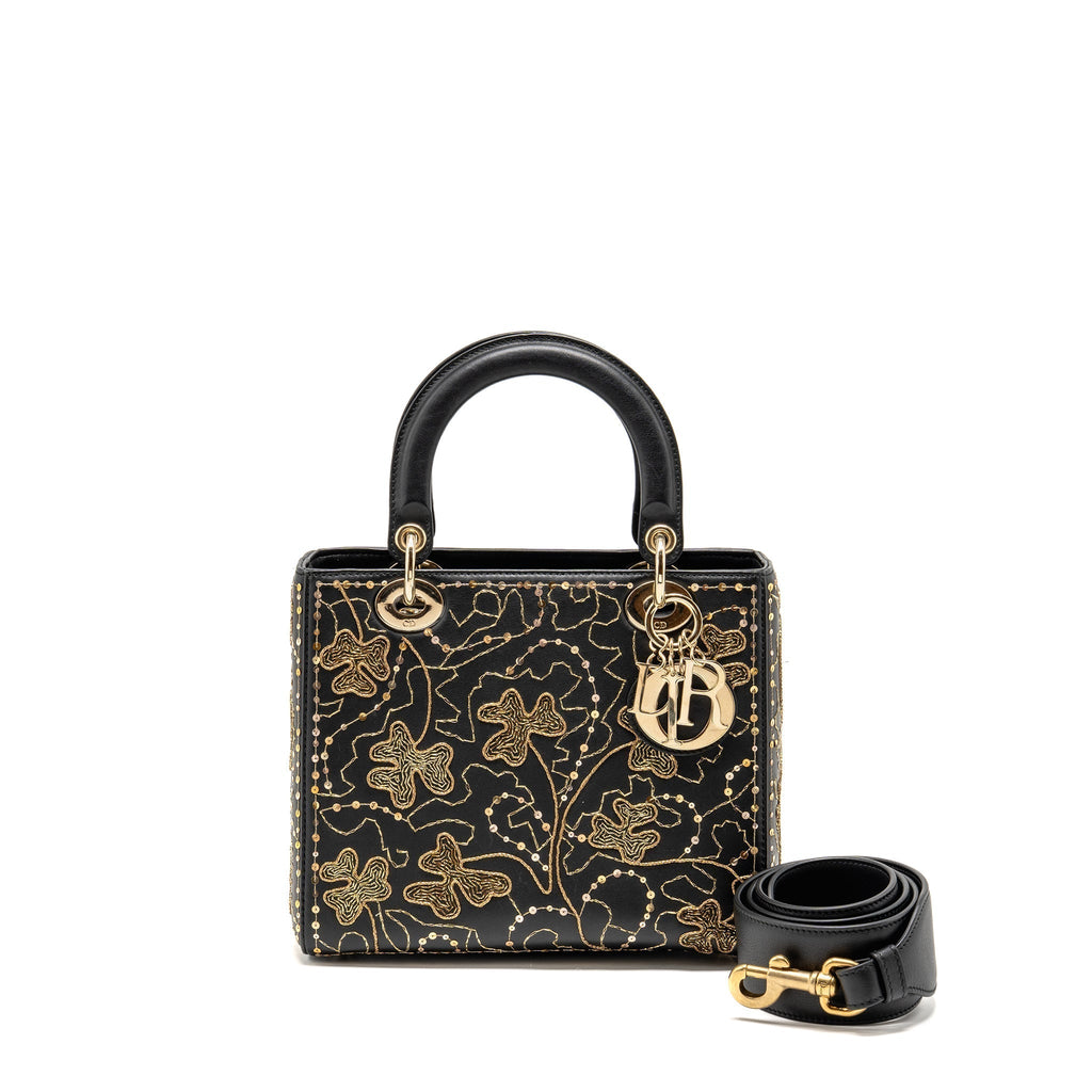 DIOR MEDIUM LADY DIOR EMBROIDERED FLORAL LIMITED EDITION LEATHER BLACK/GOLD GHW