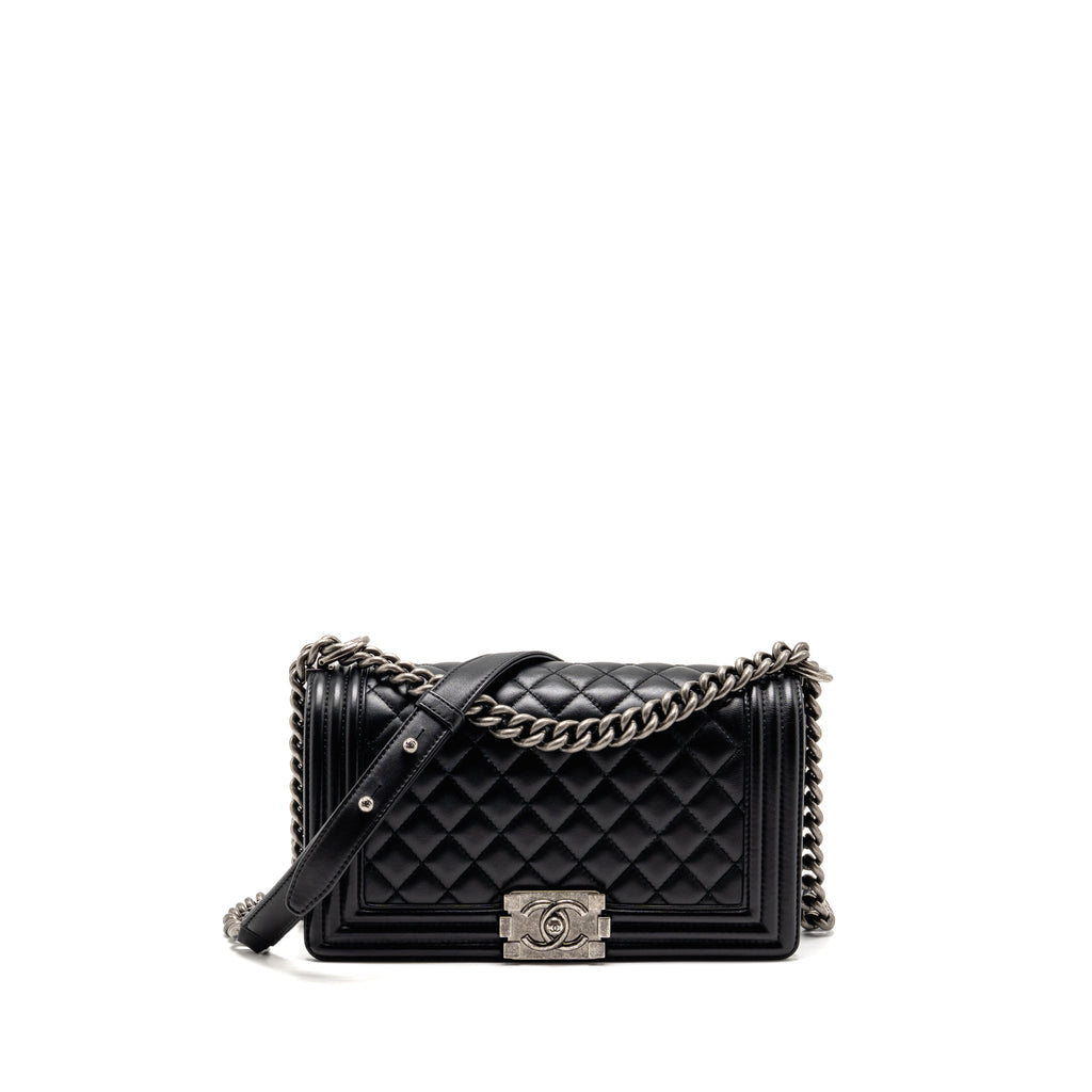 CHANEL MEDIUM BOY BAG LAMBSKIN BLACK RUTHENIUM HARDWARE