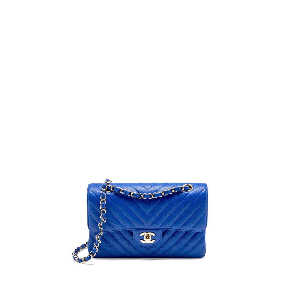 CHANEL SMALL CLASSIC DOUBLE FLAP BAG CHEVRON CAVIAR BLUE LGHW