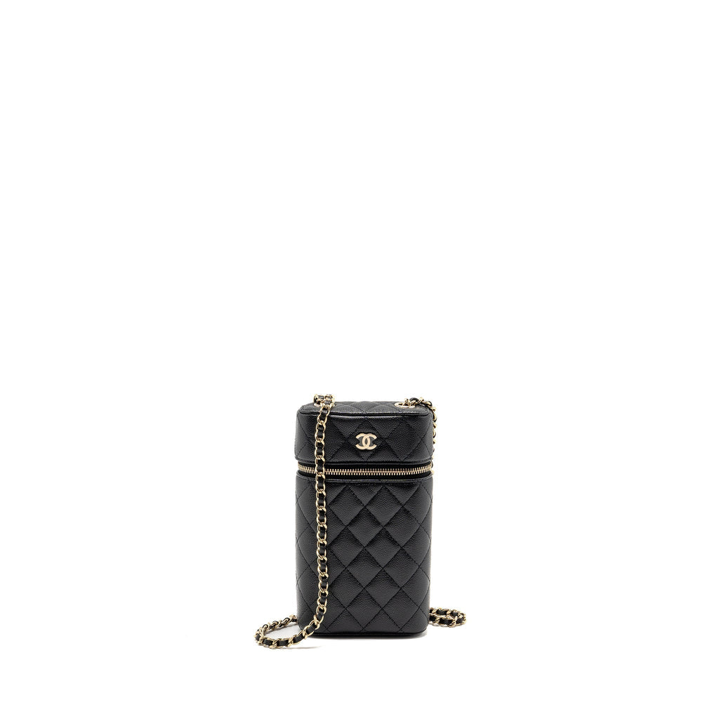 CHANEL CLASSIC VANITY PHONE HOLDER WITH CHAIN CAVIAR BLACK LGHW