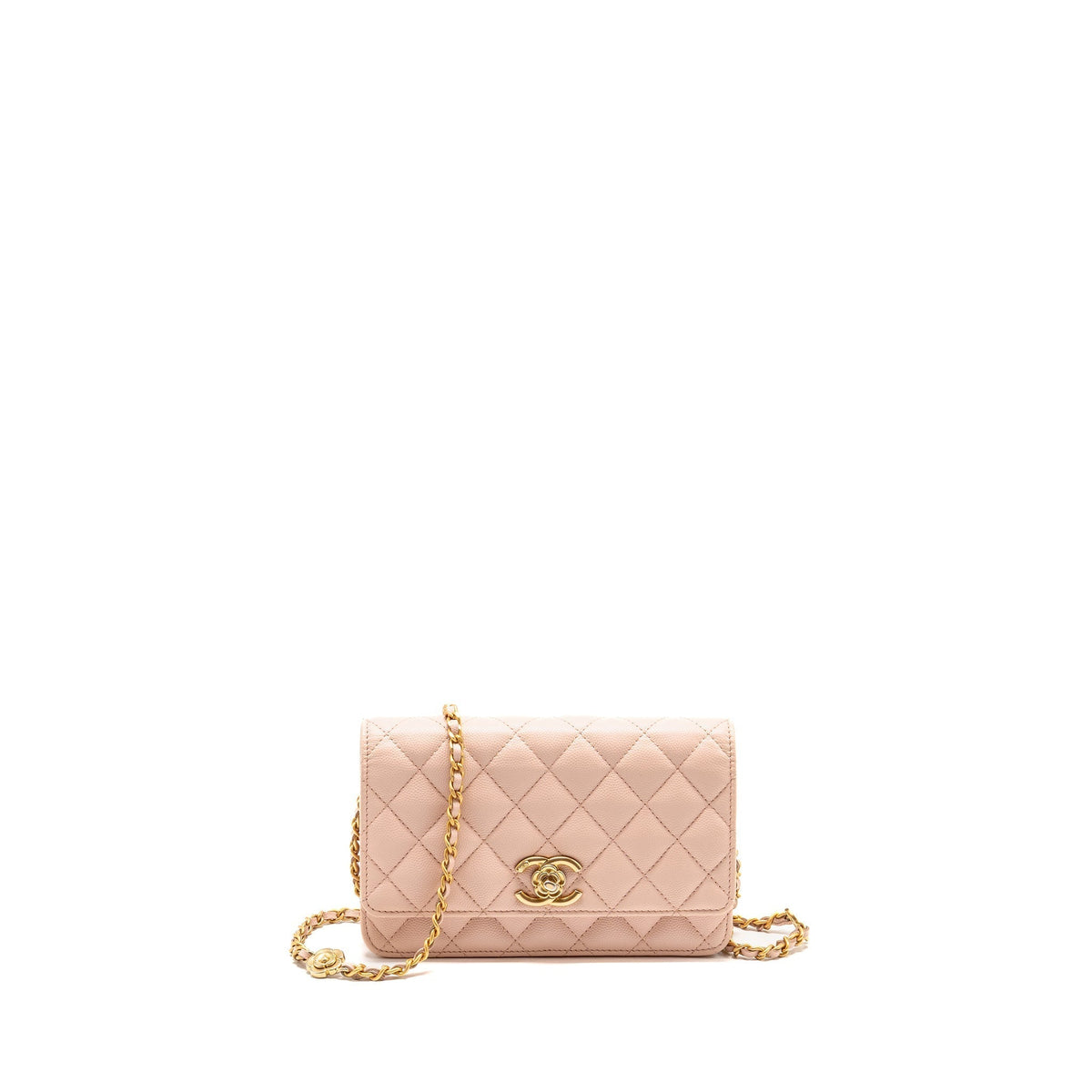 CHANEL CAMELLIA TURNLOCK WALLET ON CHAIN CAVIAR LIGHT PINK GHW (MICROCHIP)