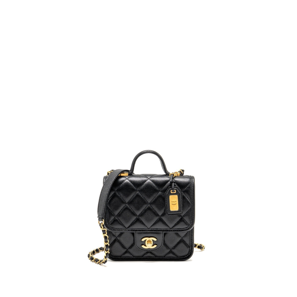 CHANEL 22K MINI FLAP BAG WITH TOP HANDLE CAVIAR BLACK GHW (MICROCHIP)