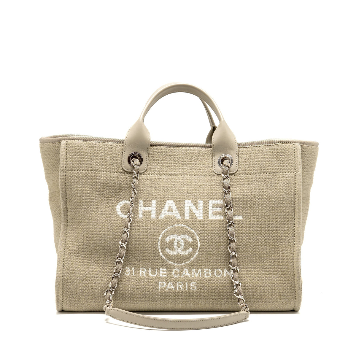 CHANEL DEAUVILLE TOTE BAG FABRIC / LEATHER LIGHT GREY SHW (MICROCHIP)