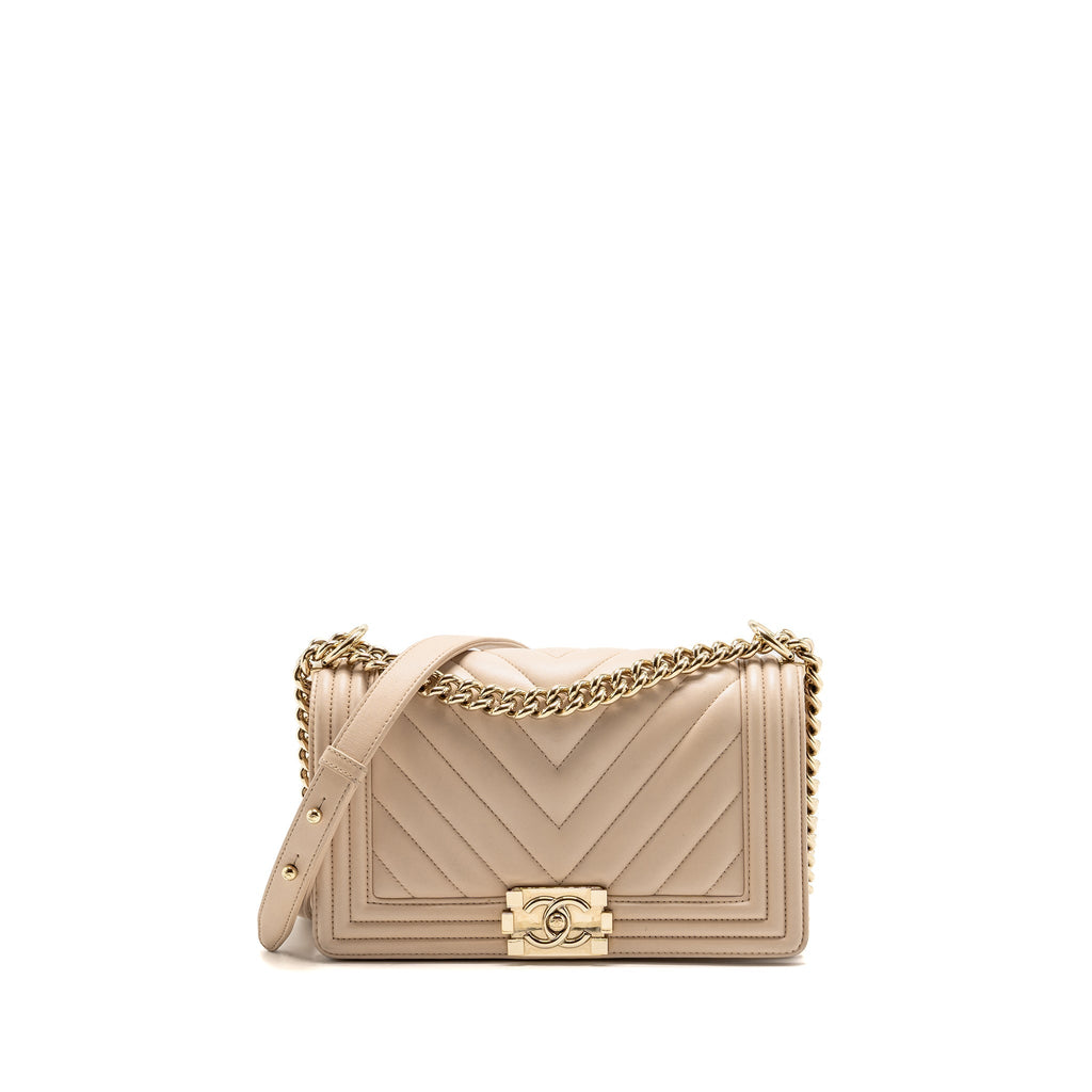 Chanel Medium Boy Bag Chevron Lambskin Beige LGHW