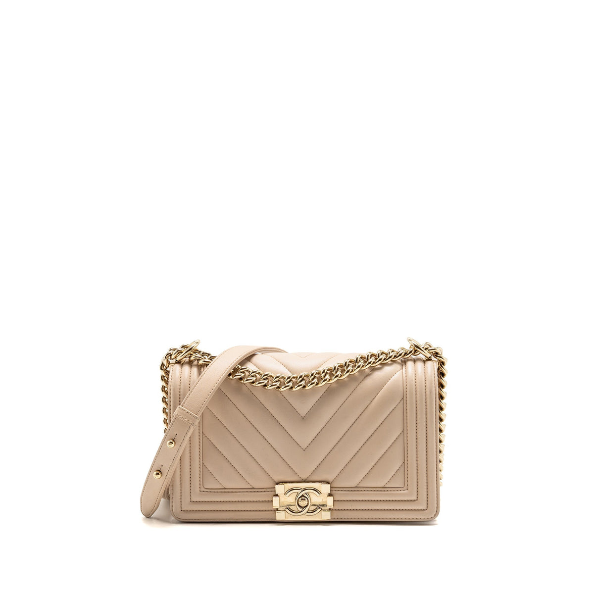 Chanel Medium Boy Bag Chevron Lambskin Beige LGHW