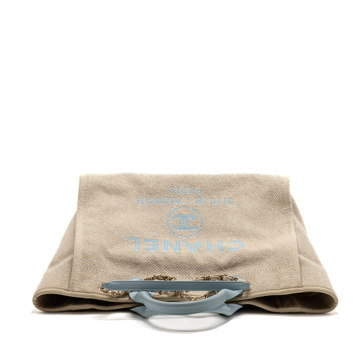 Chanel Deauville tote bag canvas / leather beige / light blue LGHW (microchip)