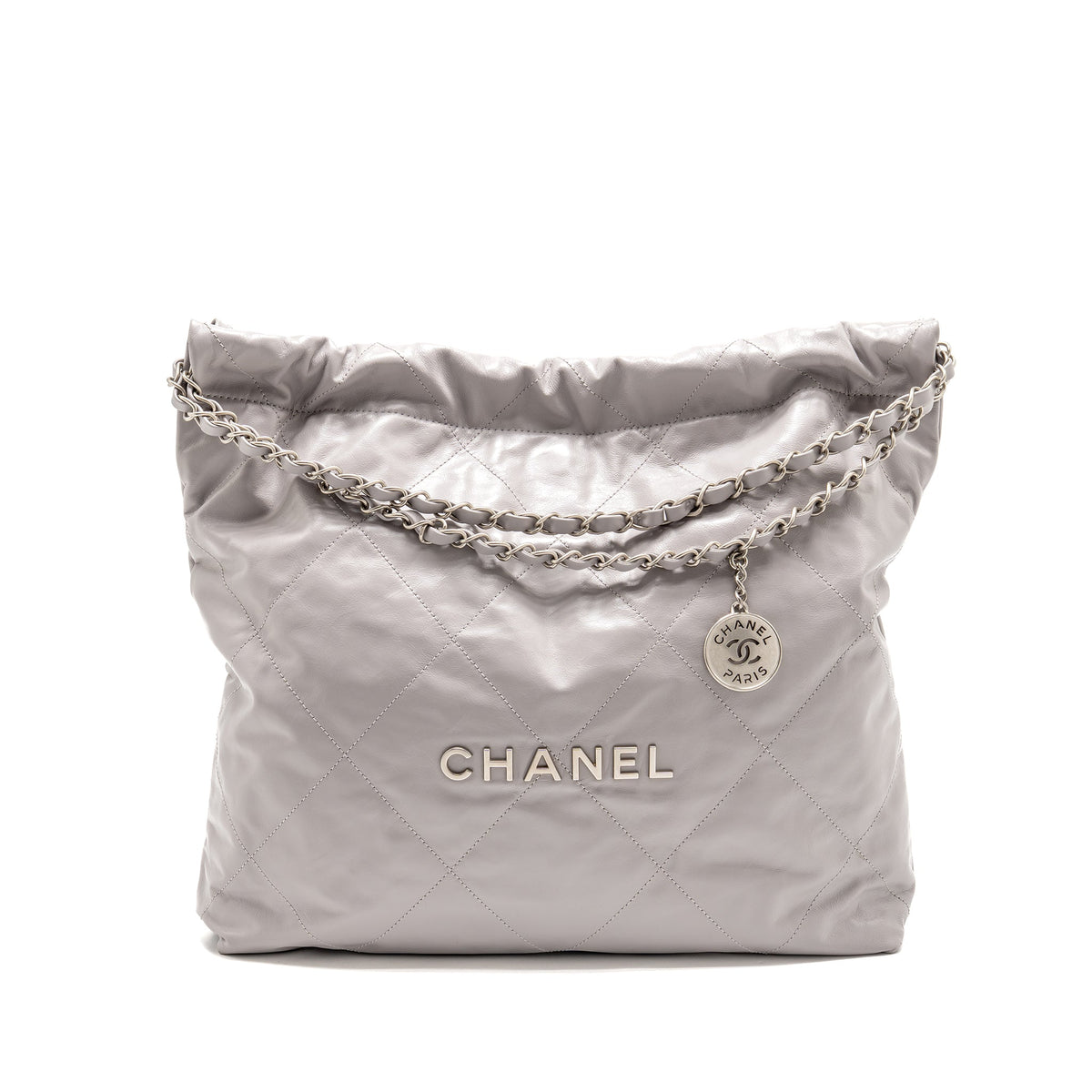 CHANEL MEDIUM 22 BAG SHINY CALFSKIN GREY SHW (MICROCHIP)
