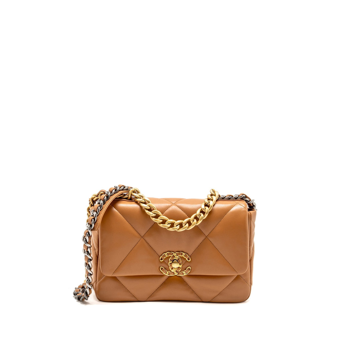 CHANEL SMALL 19 BAG LAMBSKIN CARAMEL MULTICOLOURED HARDWARE (MICROCHIP)