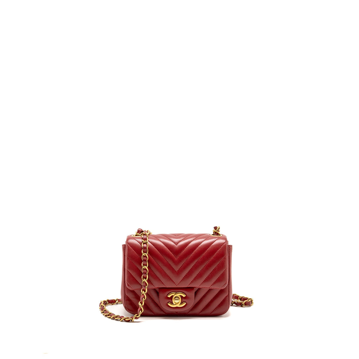 Chanel Mini Square Flap Bag Chevron Lambskin Dark Red GHW
