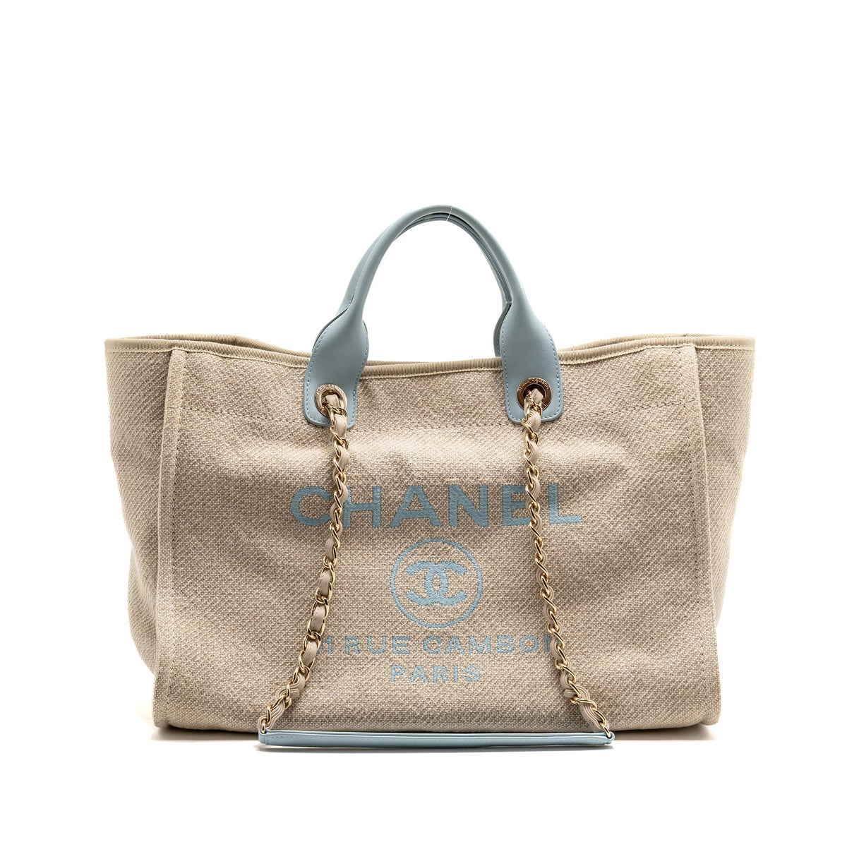 Chanel Deauville tote bag canvas / leather beige / light blue LGHW (microchip)