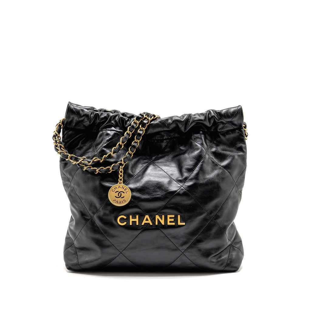 CHANEL SMALL 22 BAG SHINY CALFSKIN BLACK GHW (MICROCHIP)