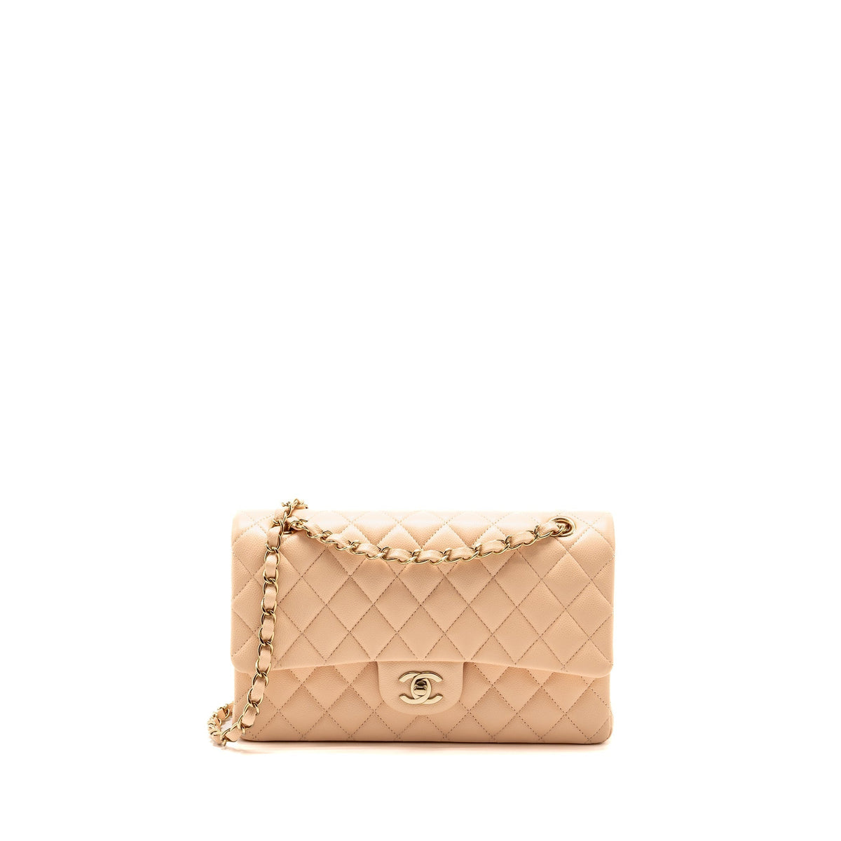 CHANEL MEDIUM CLASSIC DOUBLE FLAP BAG CAVIAR LIGHT BEIGE LGHW (MICROCHIP)