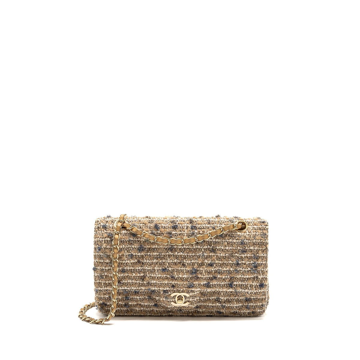 CHANEL MEDIUM CLASSIC DOUBLE FLAP BAG TWEED BEIGE/ECRU/GREY LGHW