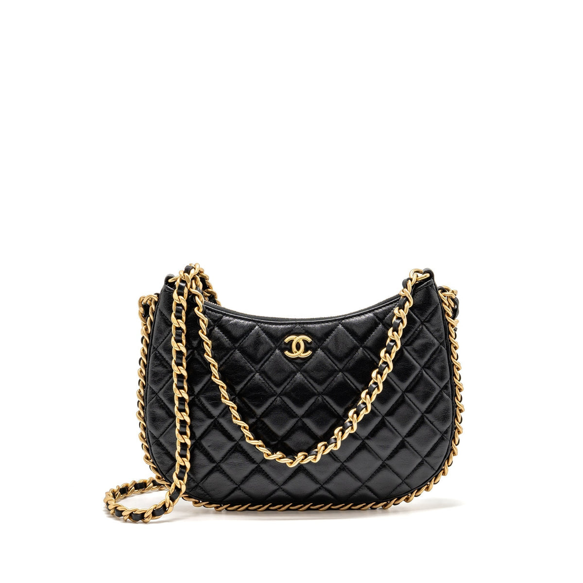CHANEL LARGE QUILTED HOBO BAG SHINY CRUMPLED LAMBSKIN BLACK GHW (MICROCHIP)