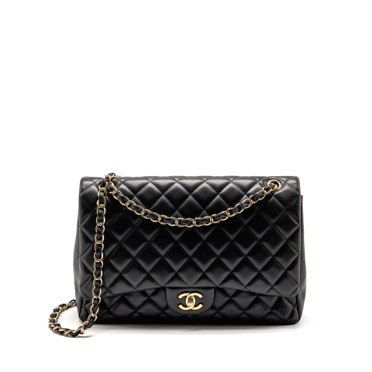CHANEL MAXI SINGLE FLAP BAG LAMBSKIN BLACK GHW