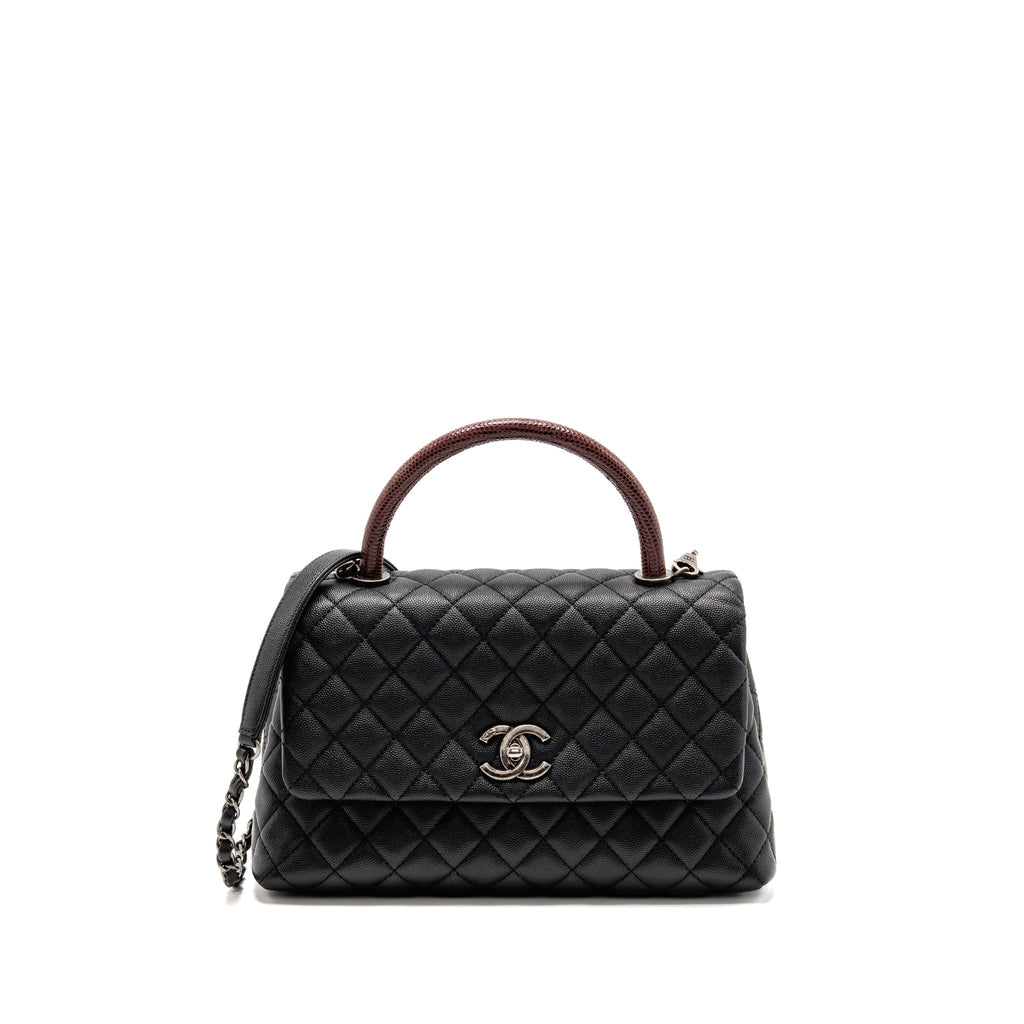 CHANEL MEDIUM COCO HANDLE CAVIAR/LIZARD HANDLE BLACK/BURGUNDY RUTHENIUM HARDWARE