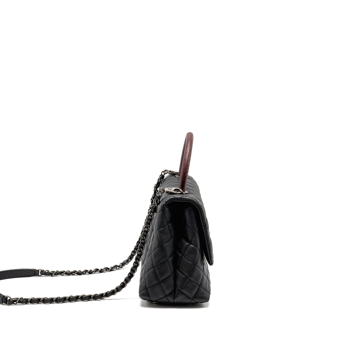 CHANEL MEDIUM COCO HANDLE CAVIAR/LIZARD HANDLE BLACK/BURGUNDY RUTHENIUM HARDWARE
