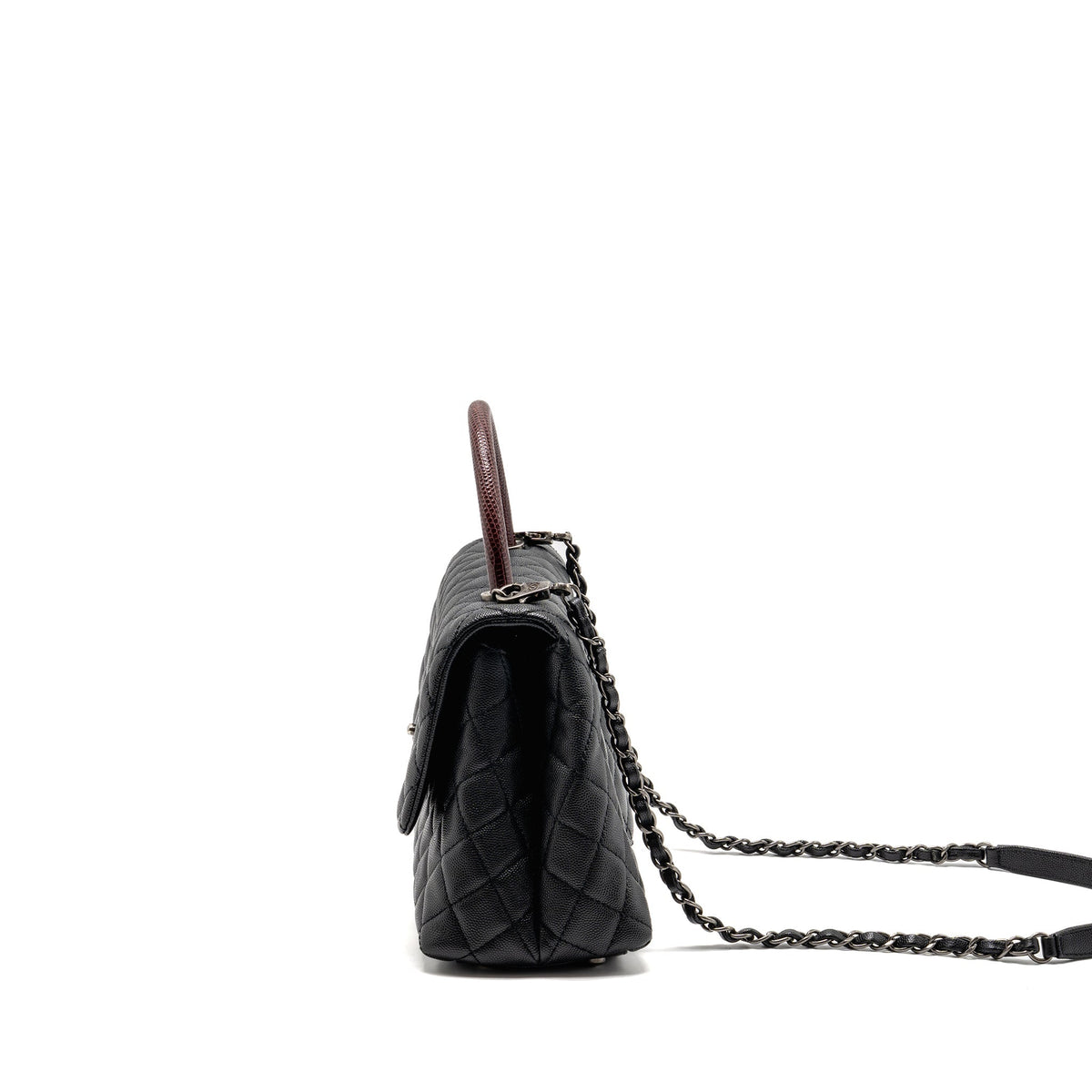 CHANEL MEDIUM COCO HANDLE CAVIAR/LIZARD HANDLE BLACK/BURGUNDY RUTHENIUM HARDWARE
