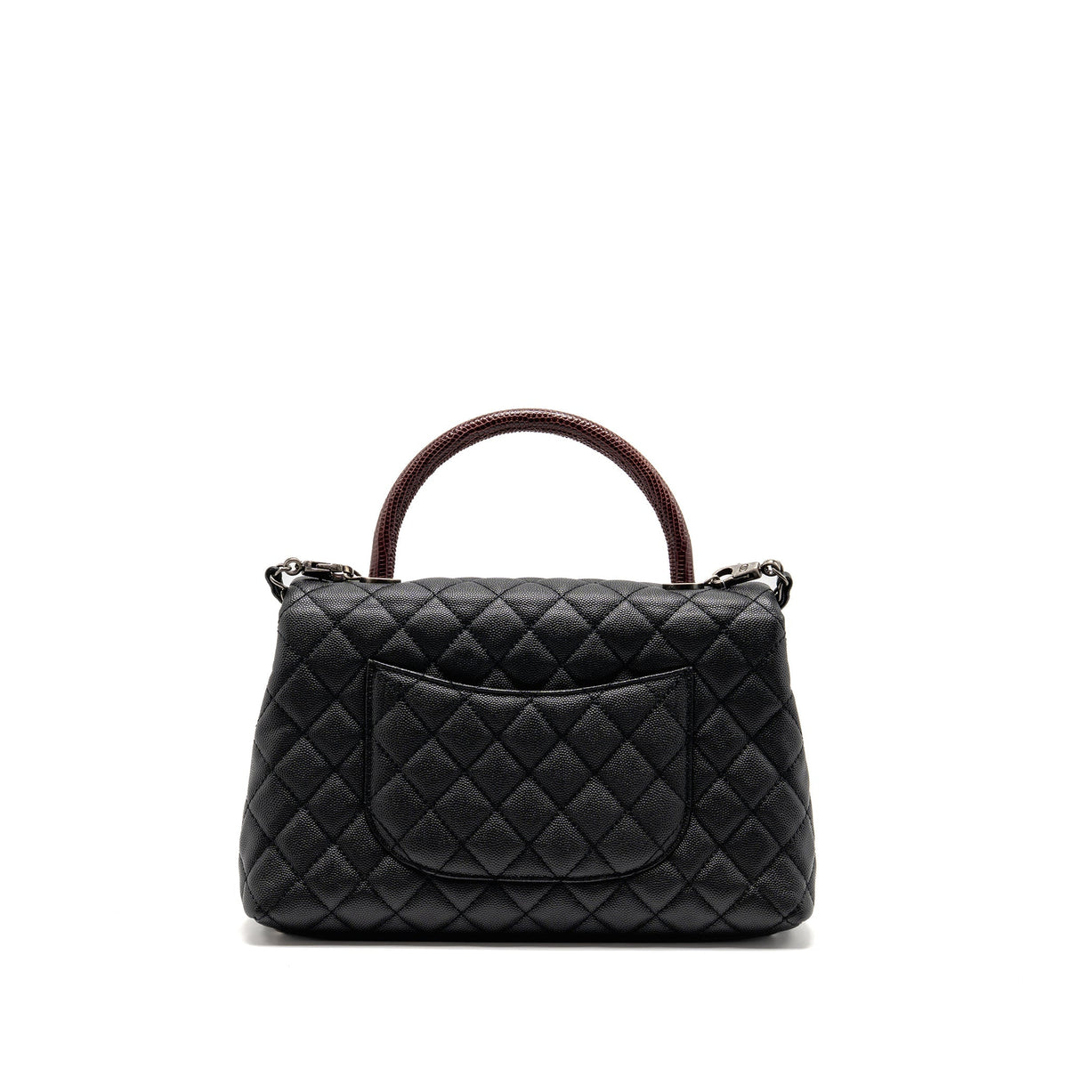 CHANEL MEDIUM COCO HANDLE CAVIAR/LIZARD HANDLE BLACK/BURGUNDY RUTHENIUM HARDWARE