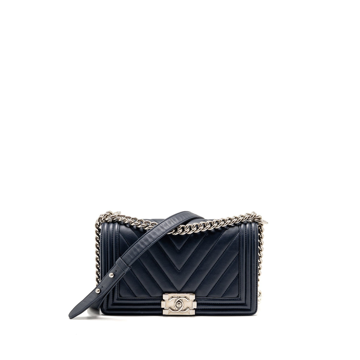 Chanel Medium Chevron Boy Bag Calfskin Blue SHW