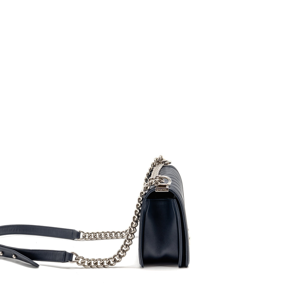 Chanel Medium Chevron Boy Bag Calfskin Blue SHW