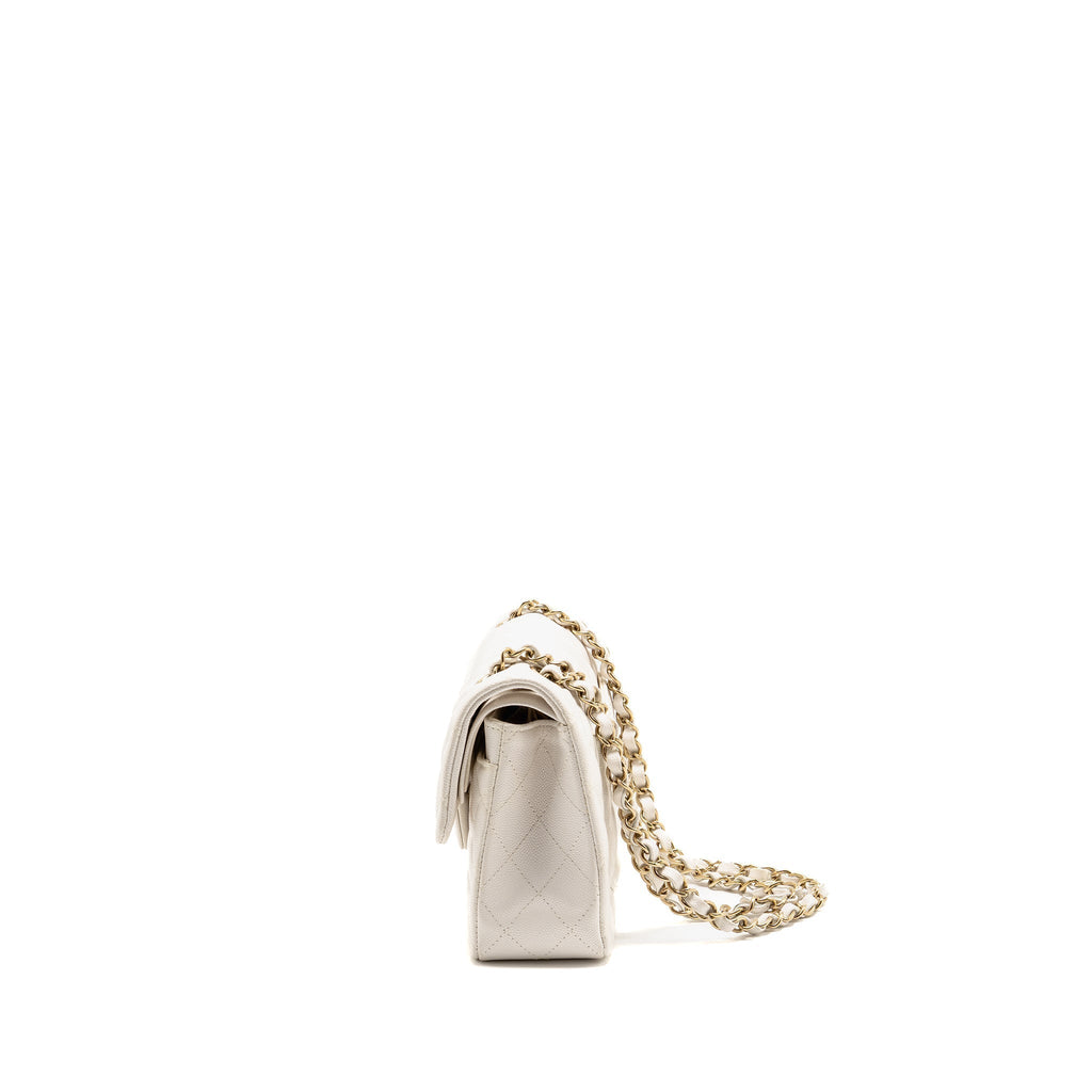 CHANEL SMALL CLASSIC DOUBLE FLAP BAG CAVIAR WHITE LGHW (MICROCHIP)