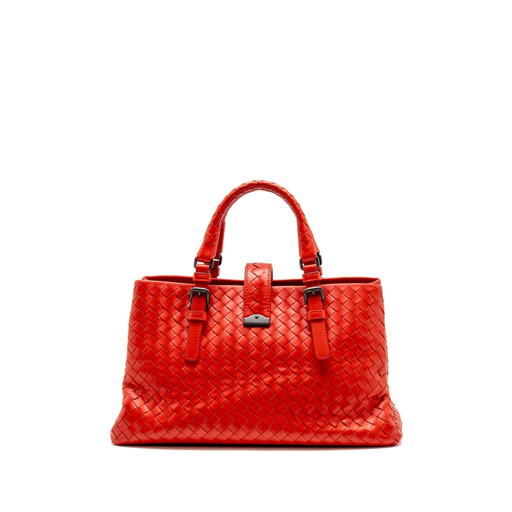 Bottega Veneta Small Roma Tote Bag Intrecciato Leather Red Gunmetal Tone Hardware