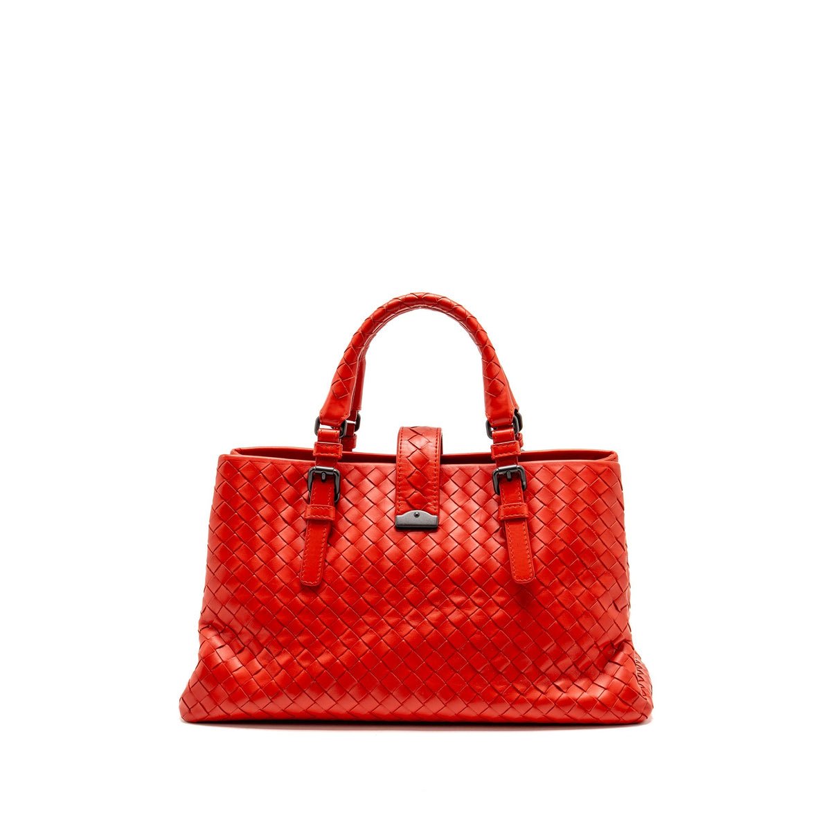 Bottega Veneta Small Roma Tote Bag Intrecciato Leather Red Gunmetal Tone Hardware