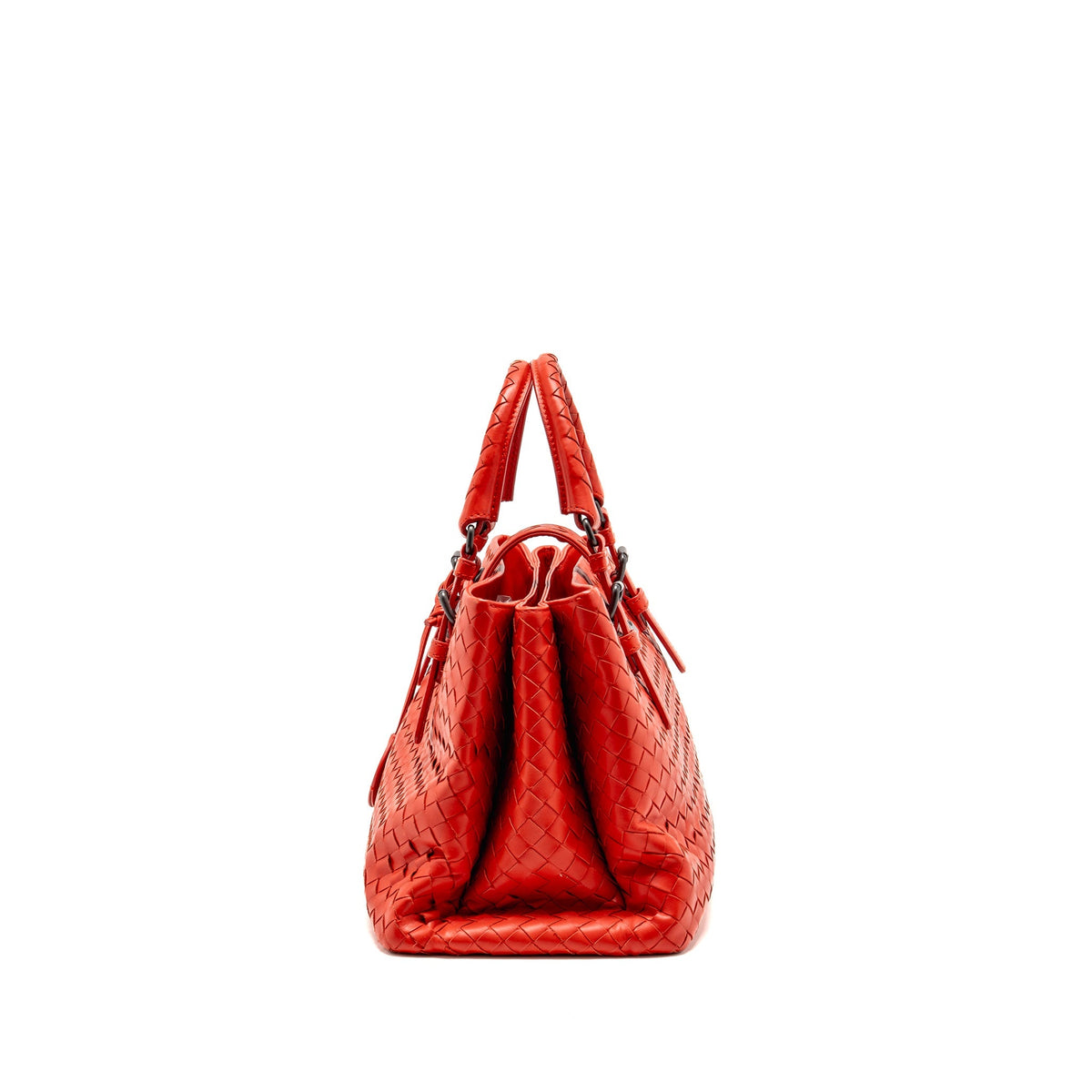 Bottega Veneta Small Roma Tote Bag Intrecciato Leather Red Gunmetal Tone Hardware