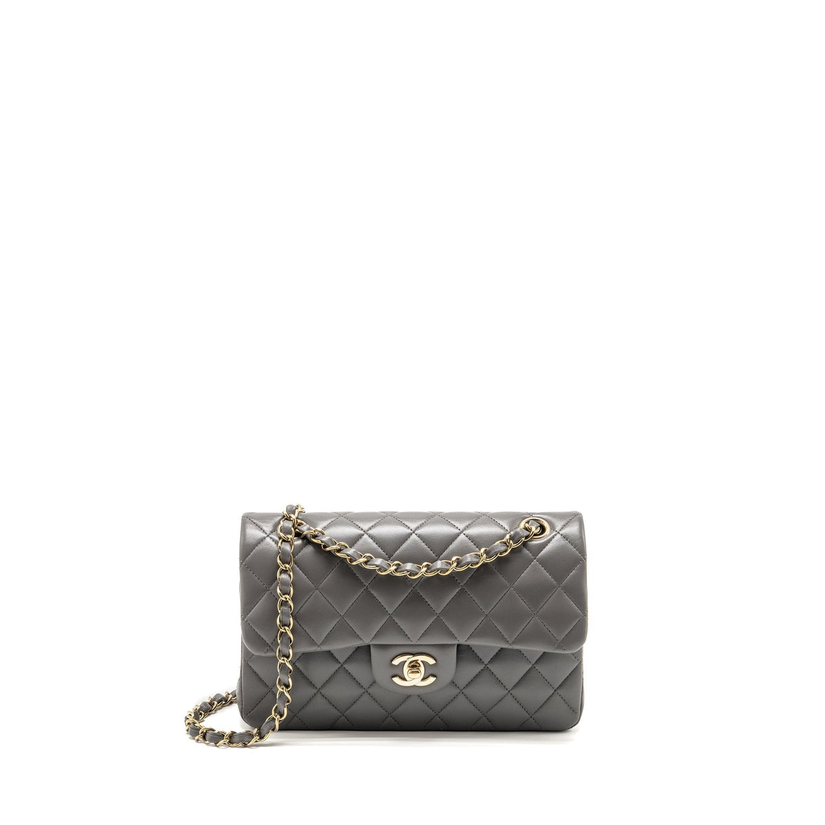 CHANEL SMALL CLASSIC DOUBLE FLAP BAG LAMBSKIN GREY LGHW (MICROCHIP)