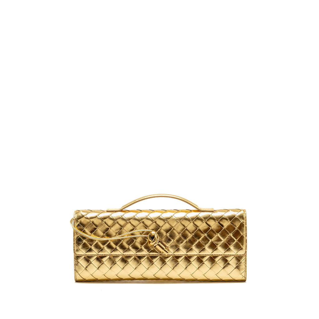 Bottega Veneta Andiamo Clutch Foggy Mirror Effect Intrecciato Leather Gold GHW