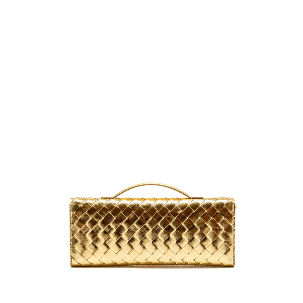Bottega Veneta Andiamo Clutch Foggy Mirror Effect Intrecciato Leather Gold GHW