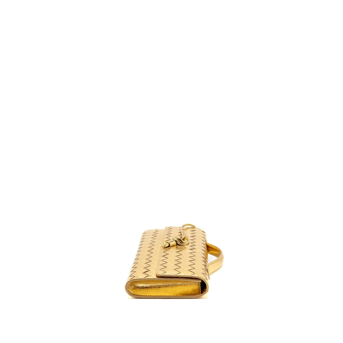 Bottega Veneta Andiamo Clutch Foggy Mirror Effect Intrecciato Leather Gold GHW