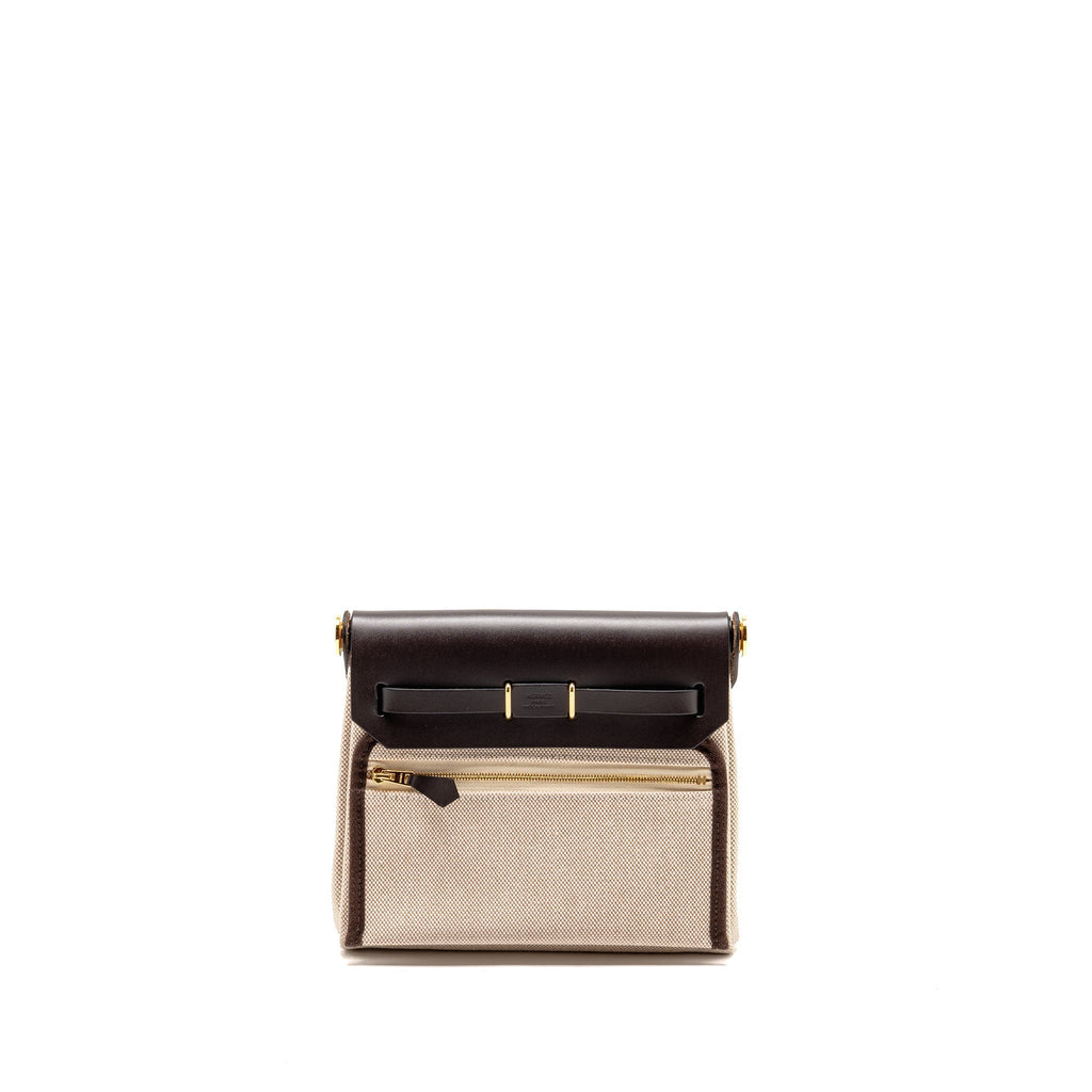 HERMES HERBAGMINI CANVAS/HUNTER LEATHER ECRU-BEIGE/EBENE GHW